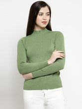 Women Olive Turtle Neck Slim Fit Skeevi Pullover