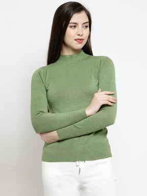 Women Olive Turtle Neck Slim Fit Skeevi Pullover