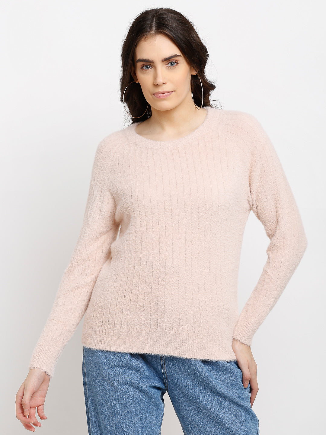 Pink Knitted Solid Pullover
