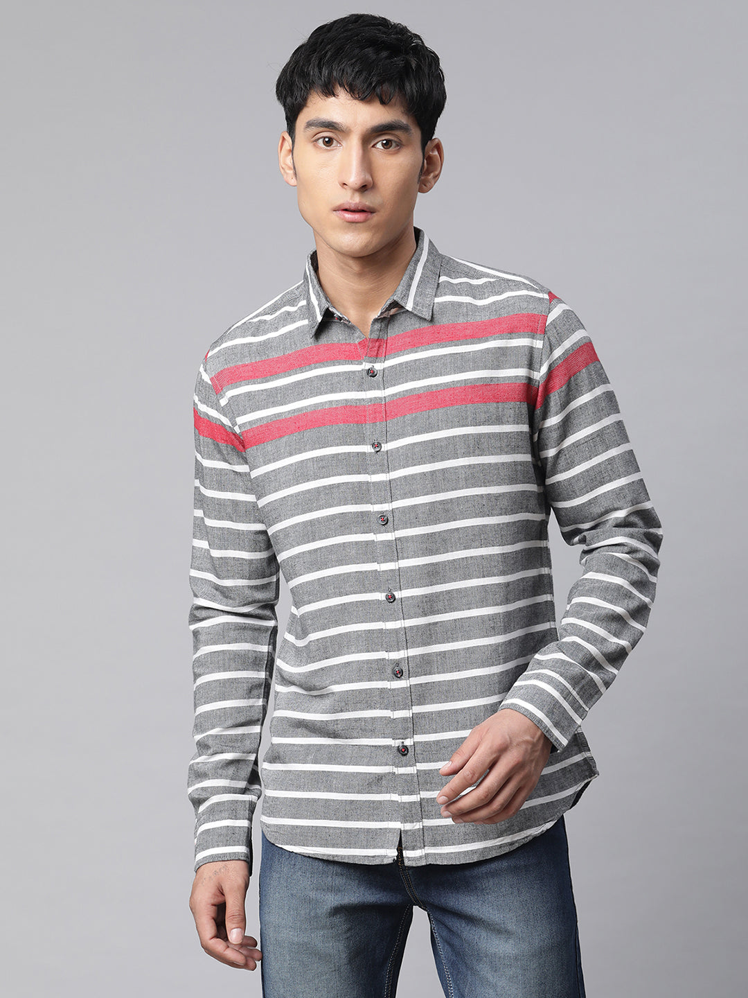 Men Striped printed Grey Horizontal Shirt - Global Republic