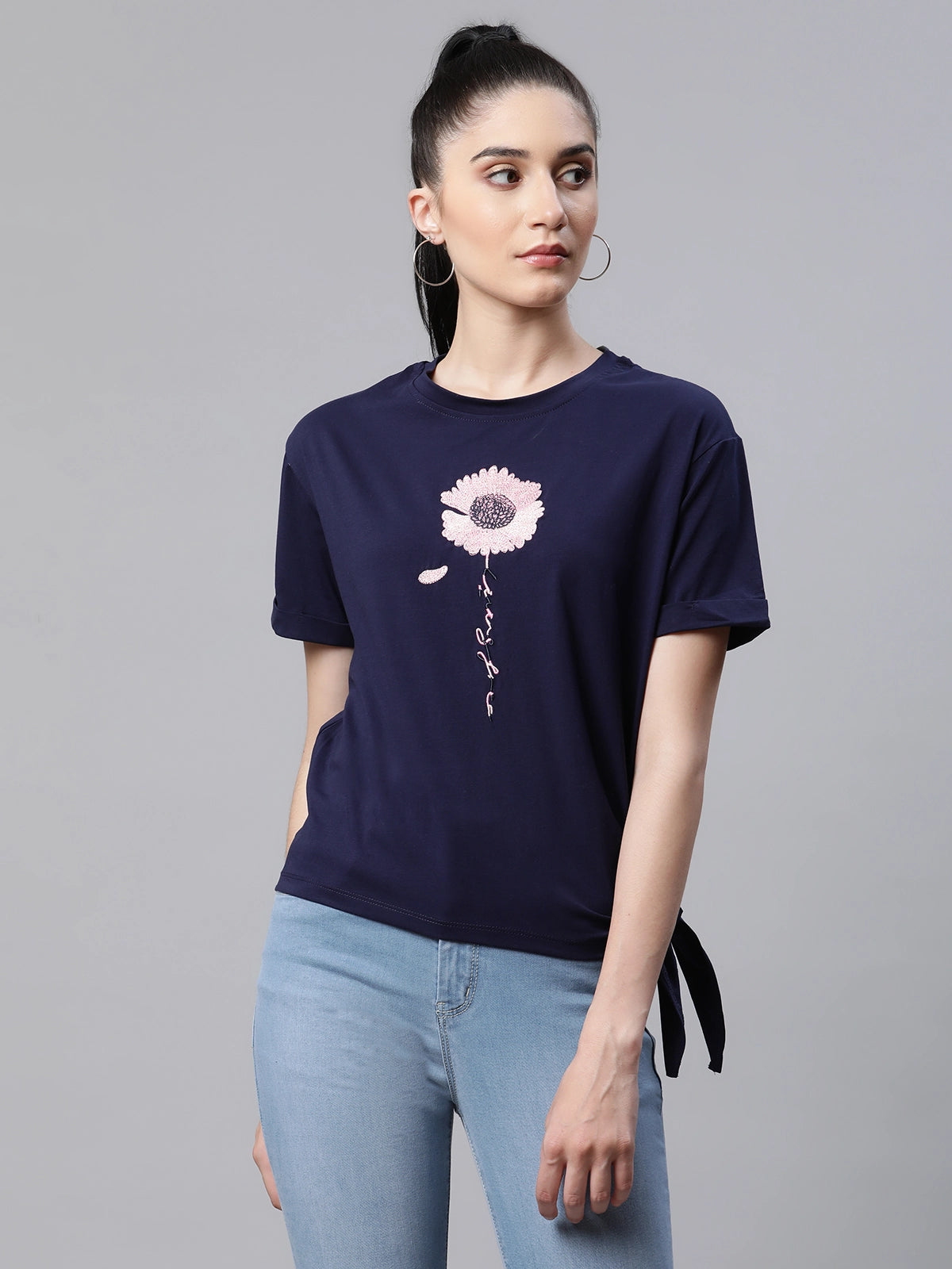 Women Embroidered Navy Blue Cotton Regular Fit Top - Global Republic
