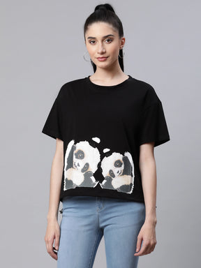 Women  Loose Fit Black Printed Hosiery Casual T-Shirt