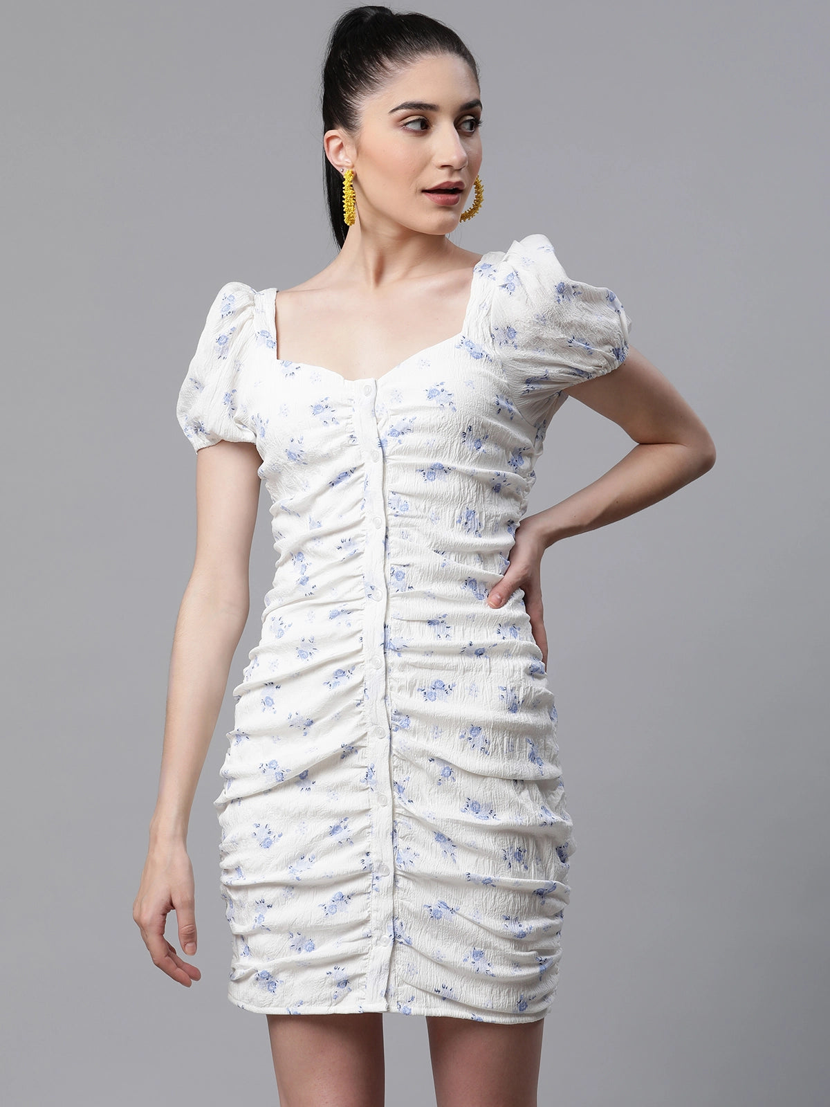 women ruched white polyester bodycon casual dress