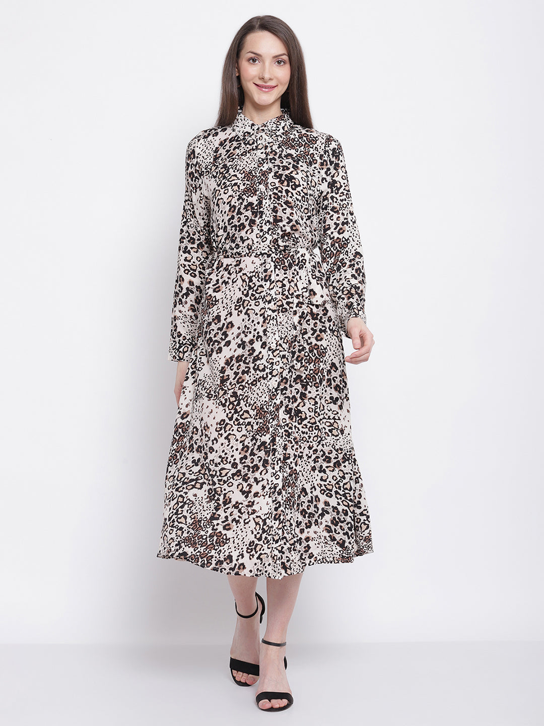 Women White Brownish & Black Snowvy Snow Leopard Print Knee Length Dress