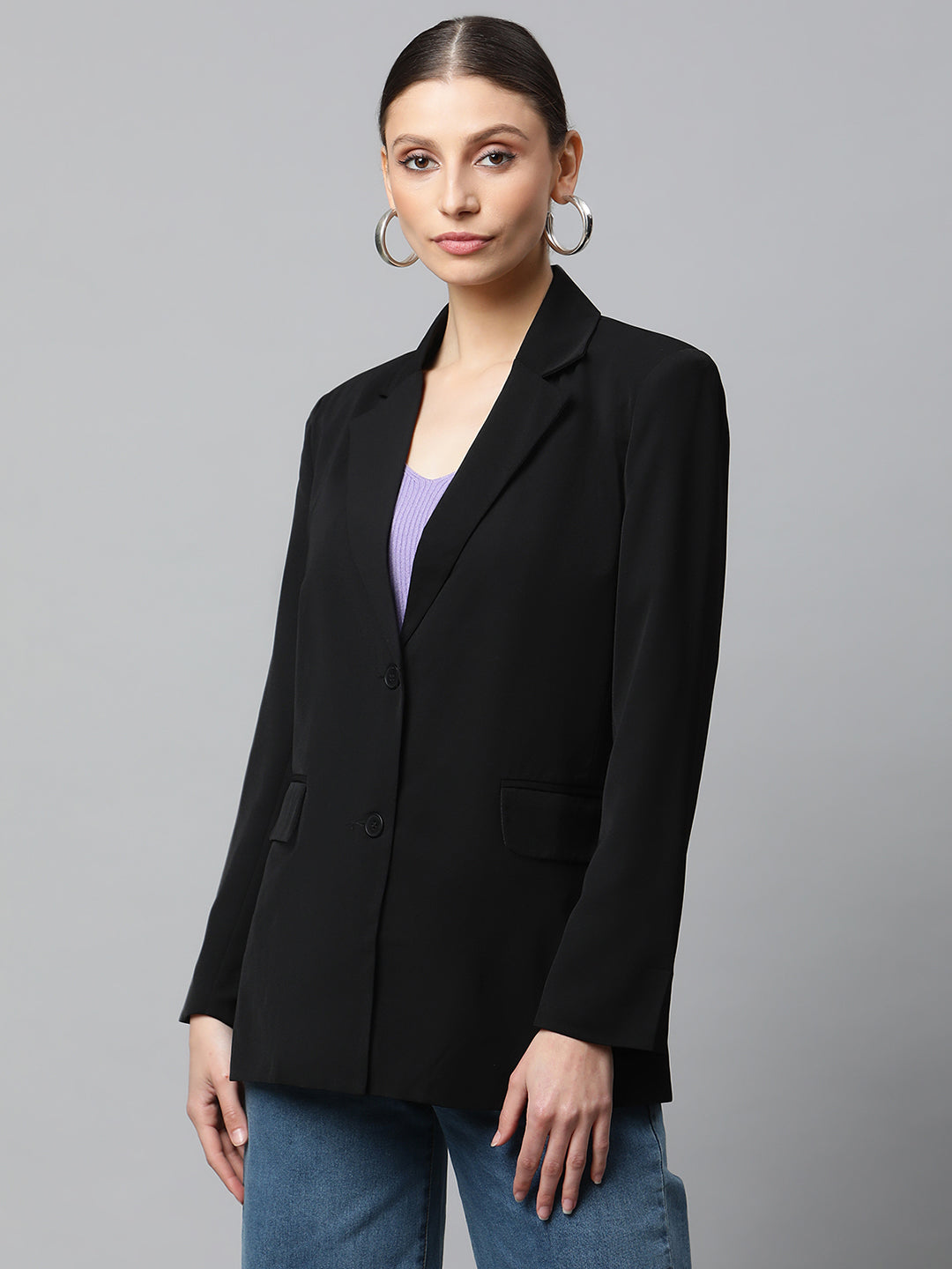 Women Black Notched Collar Cotton Formal Blazer