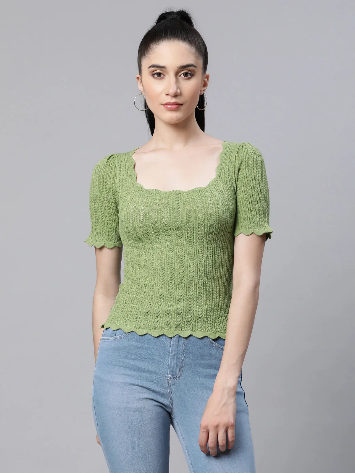 Women Jacquard Viscose Slim Fit Casual Top