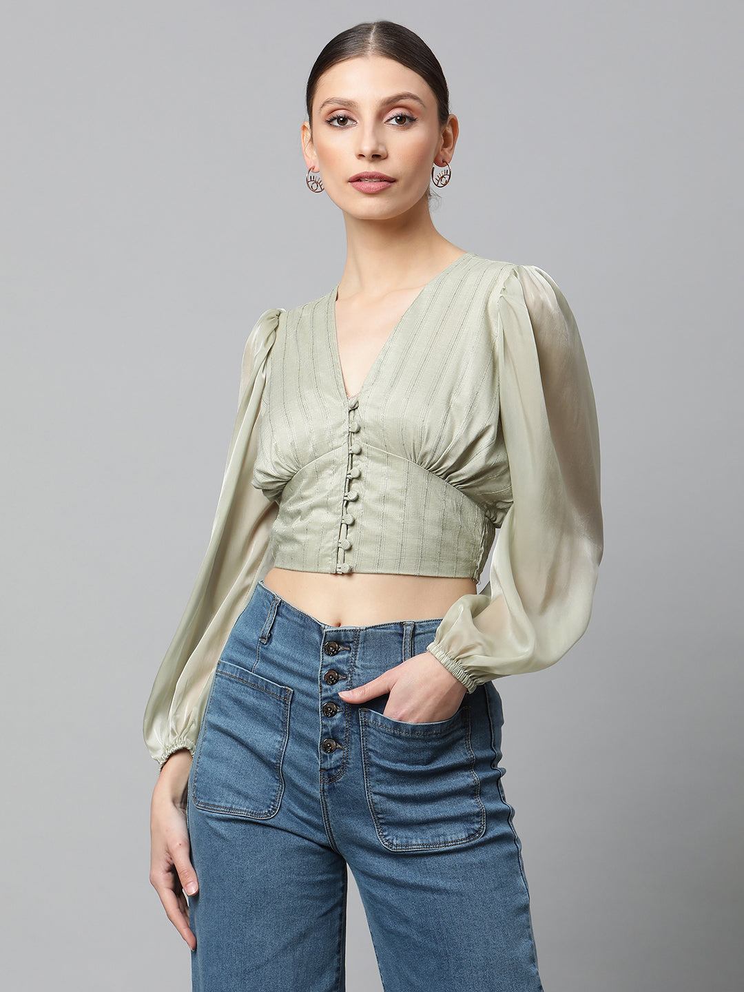 Women Light Green Puffed Sleeves Cropped Blouse
