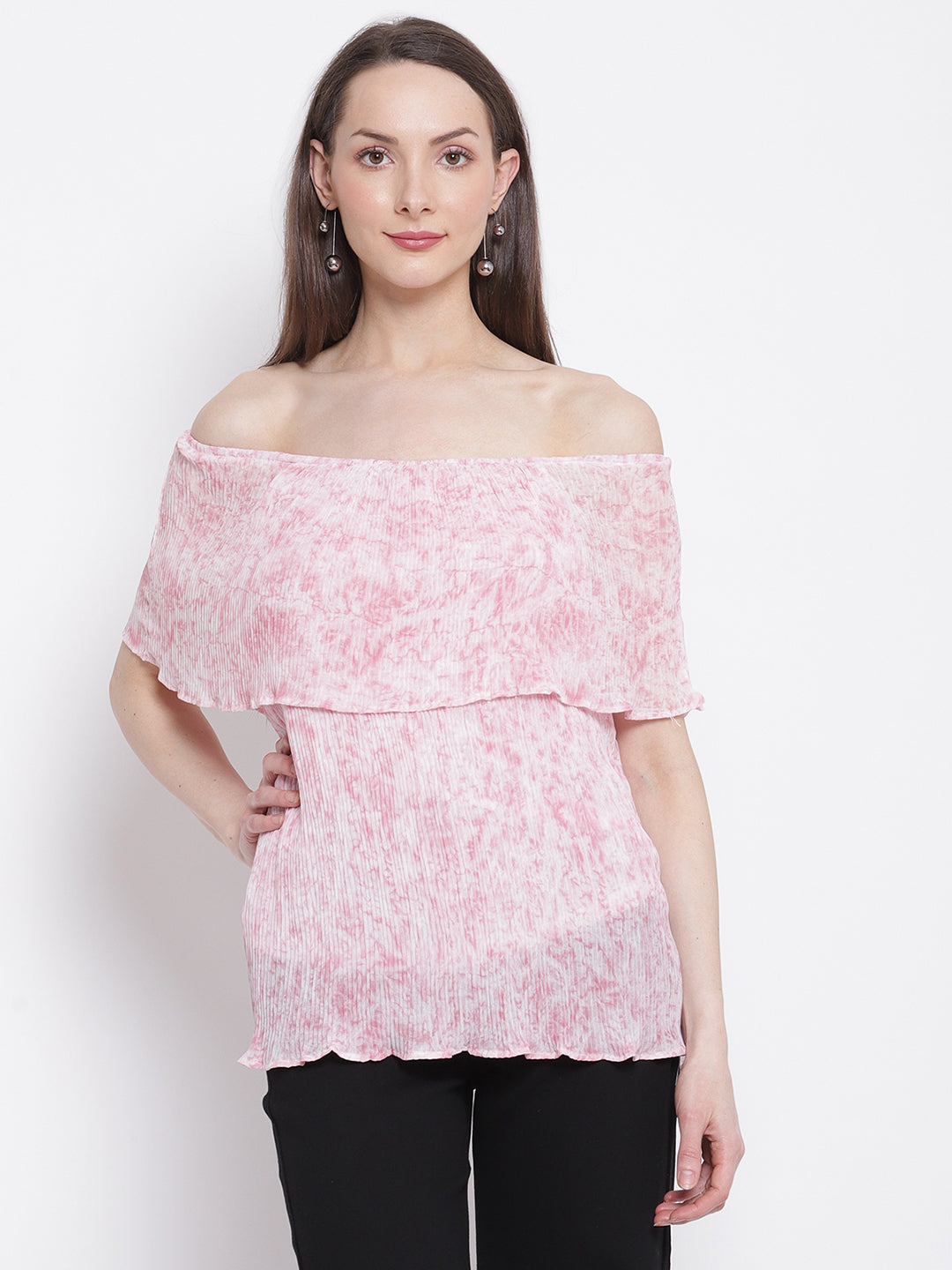 Women Pink and White Tie & Dye Off-Shoulder layered Top