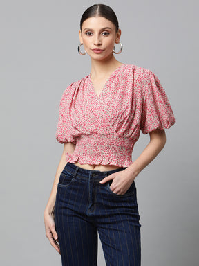 Women Pink Elasticated Hem Floral Print Cropped Top