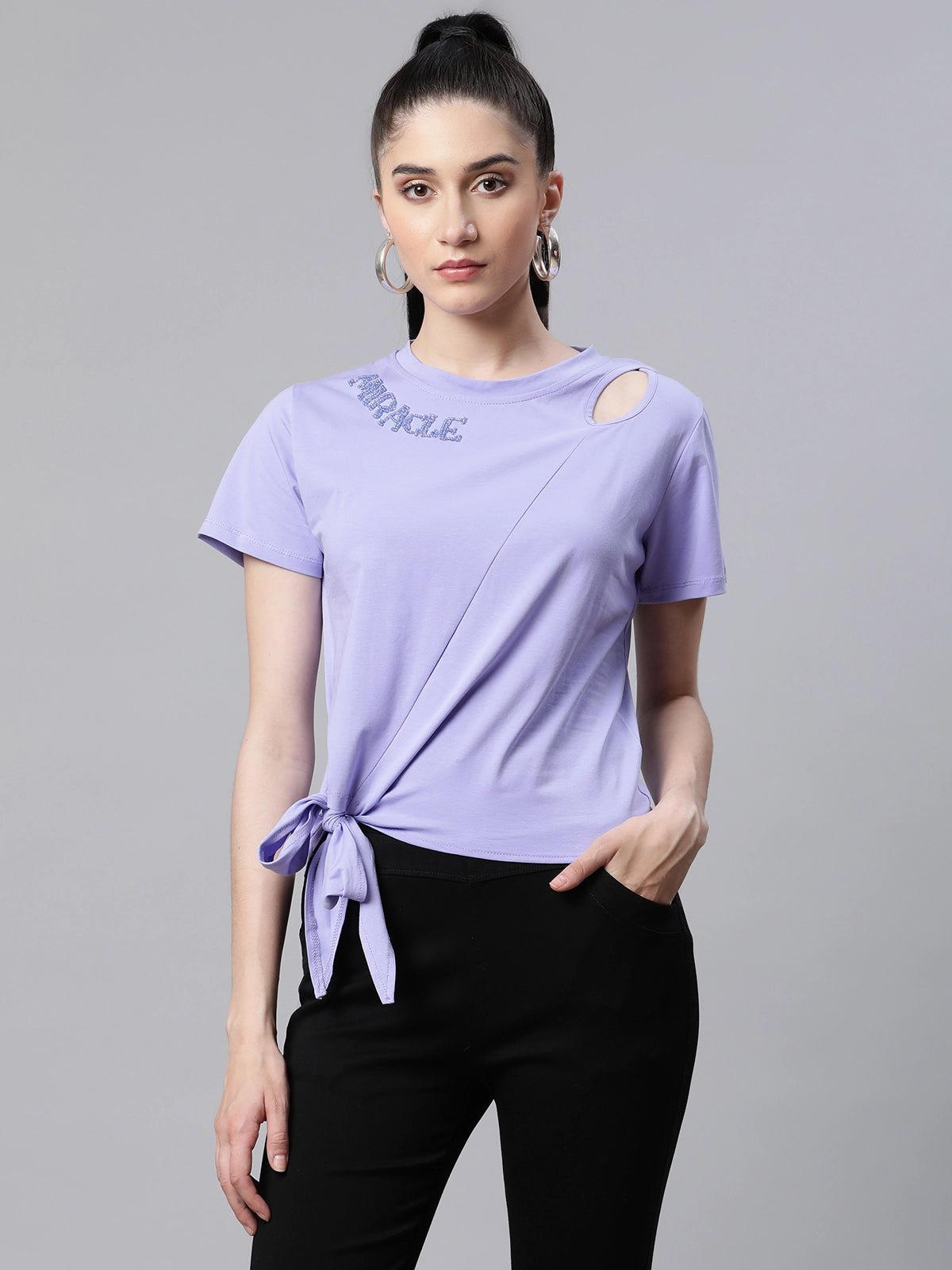Women Regular Fit Embroidered Purple Hosiery Top - Global Republic
