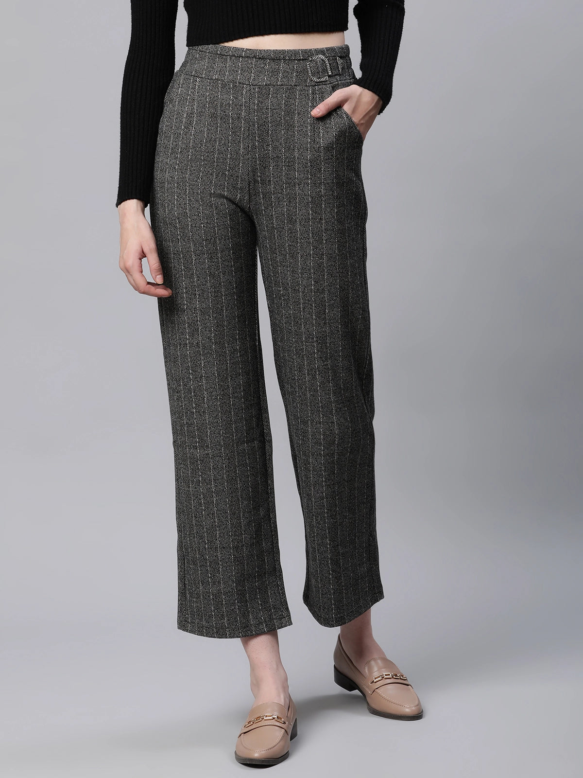 Striped High Rise Brown Straight Trousers