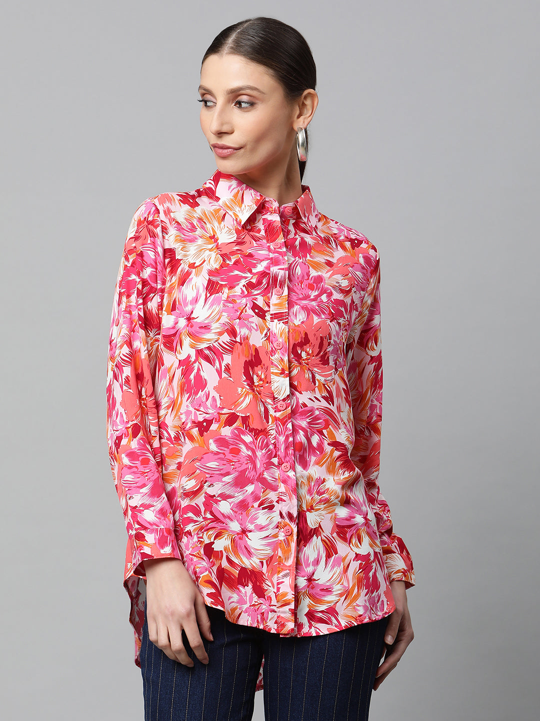 women hot pink multi floral printed shirt