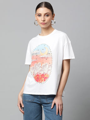 Women White Regular Fit Embellished T-Shirt