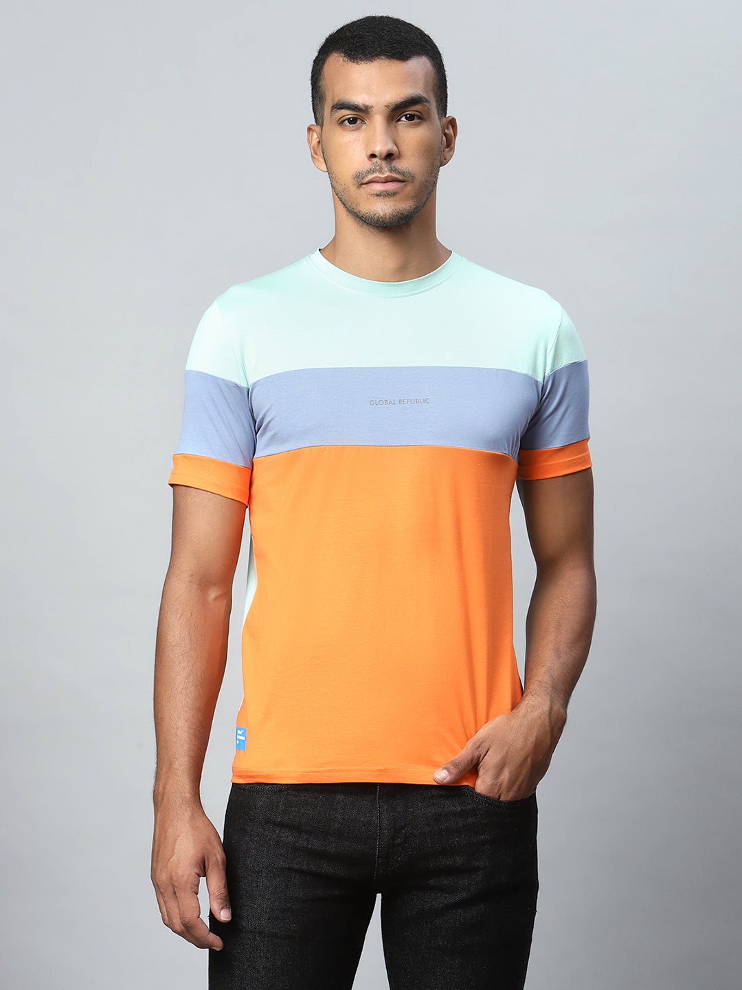 Men Orange Multicolor Horizontal Striped Casual T-Shirt