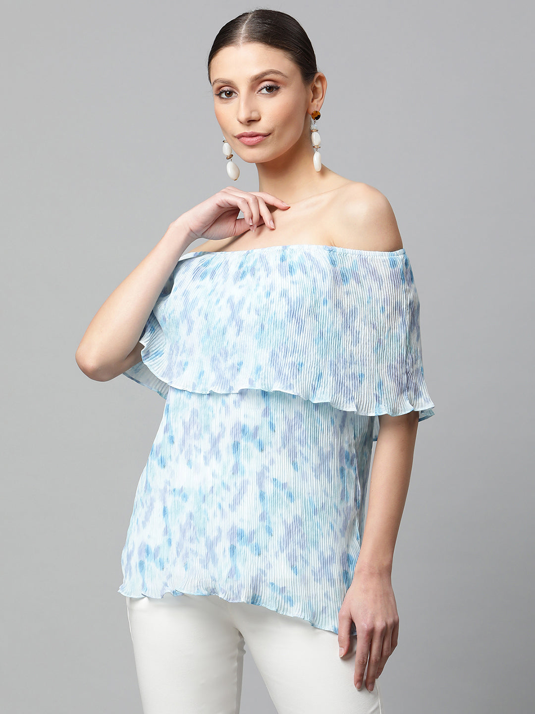 Women White & Blue A-Line Fit Off Shoulder Top