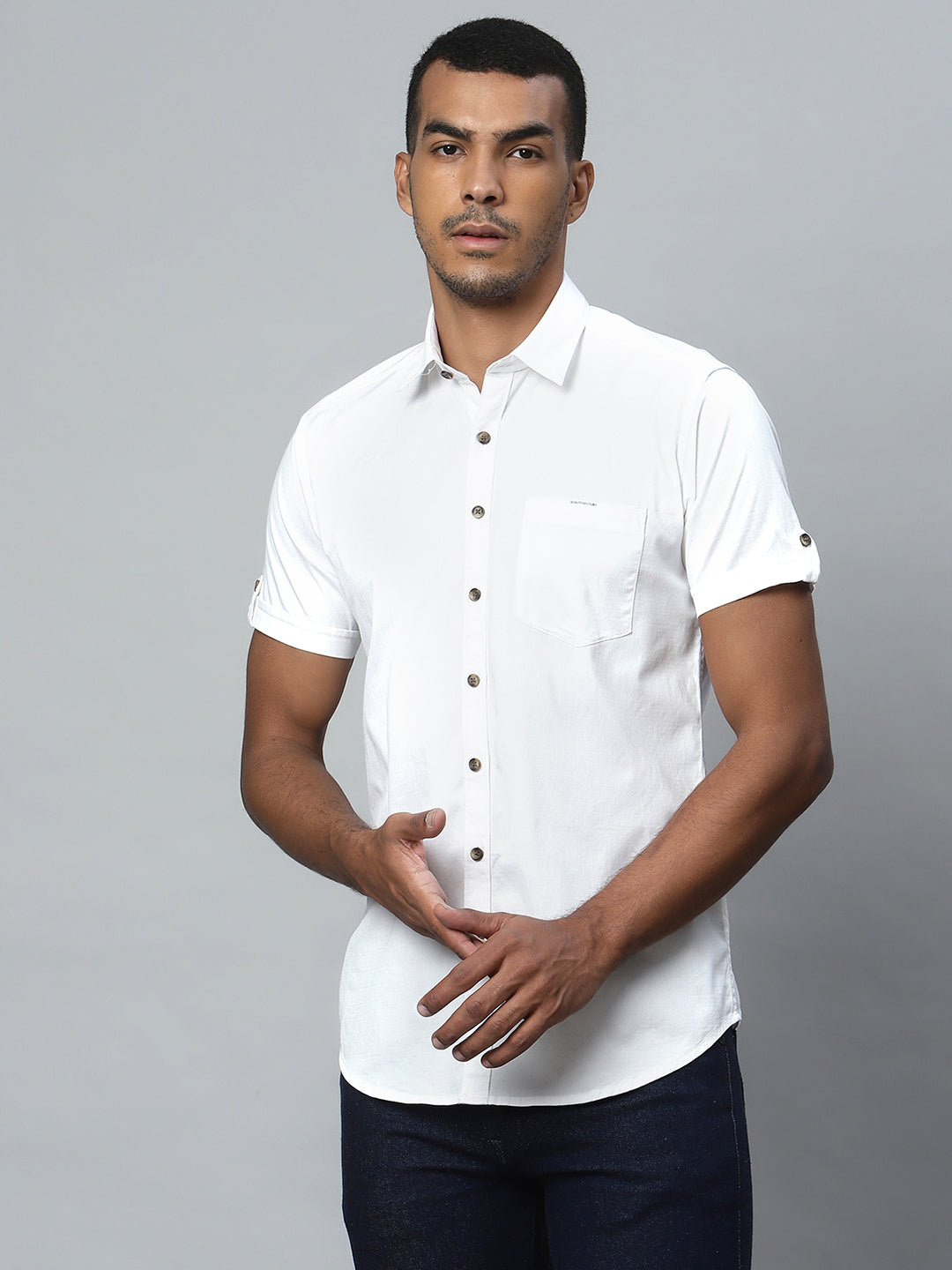 Men White Half Sleeve Casual Plain Shirt - Global Republic