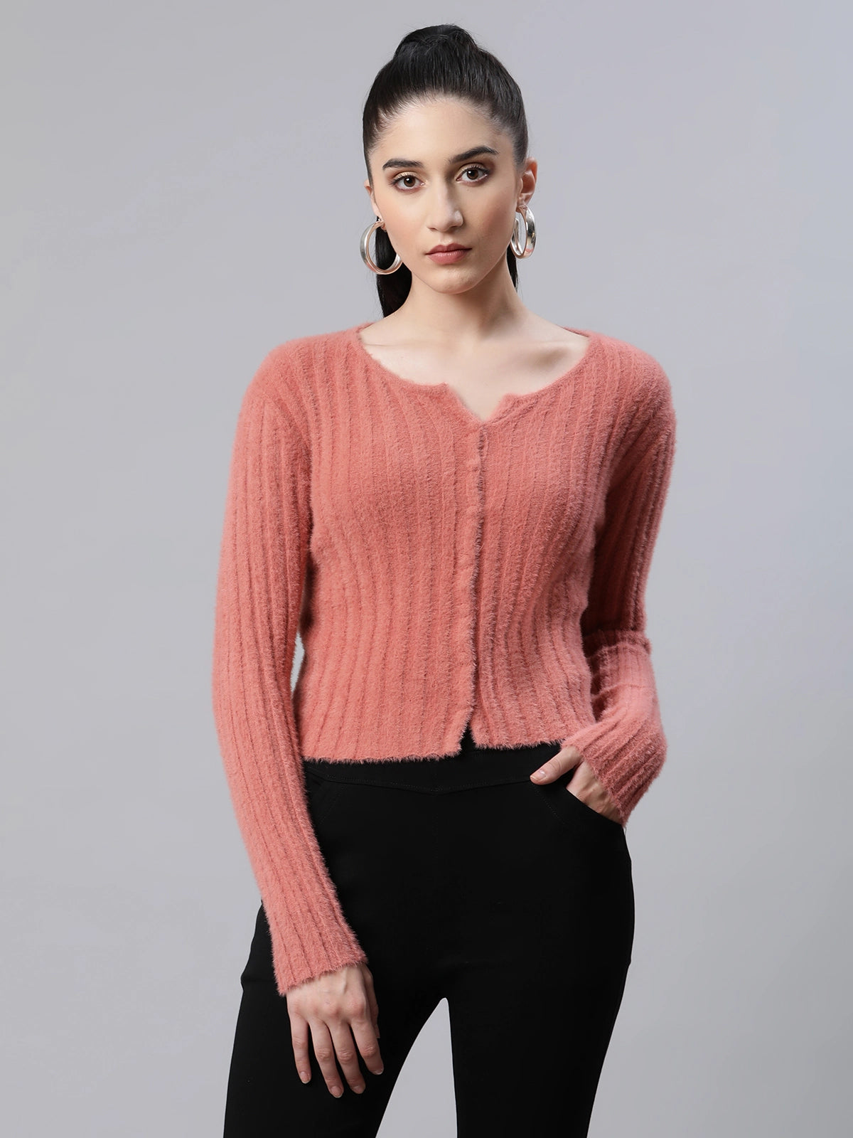 Women Feather Blush Pink Knit Slim Fit Casual Cardigan