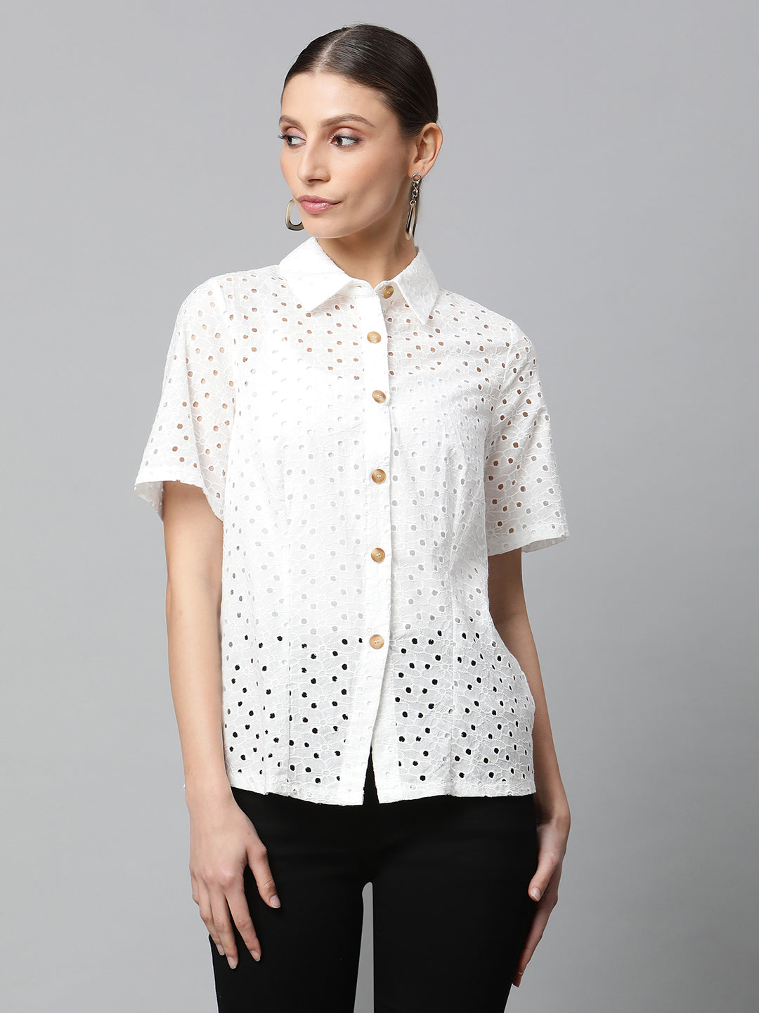 women white circle cut embroidered shirt