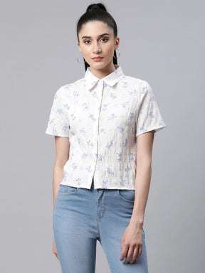 women printed white poly cotton regular fit casual shirt