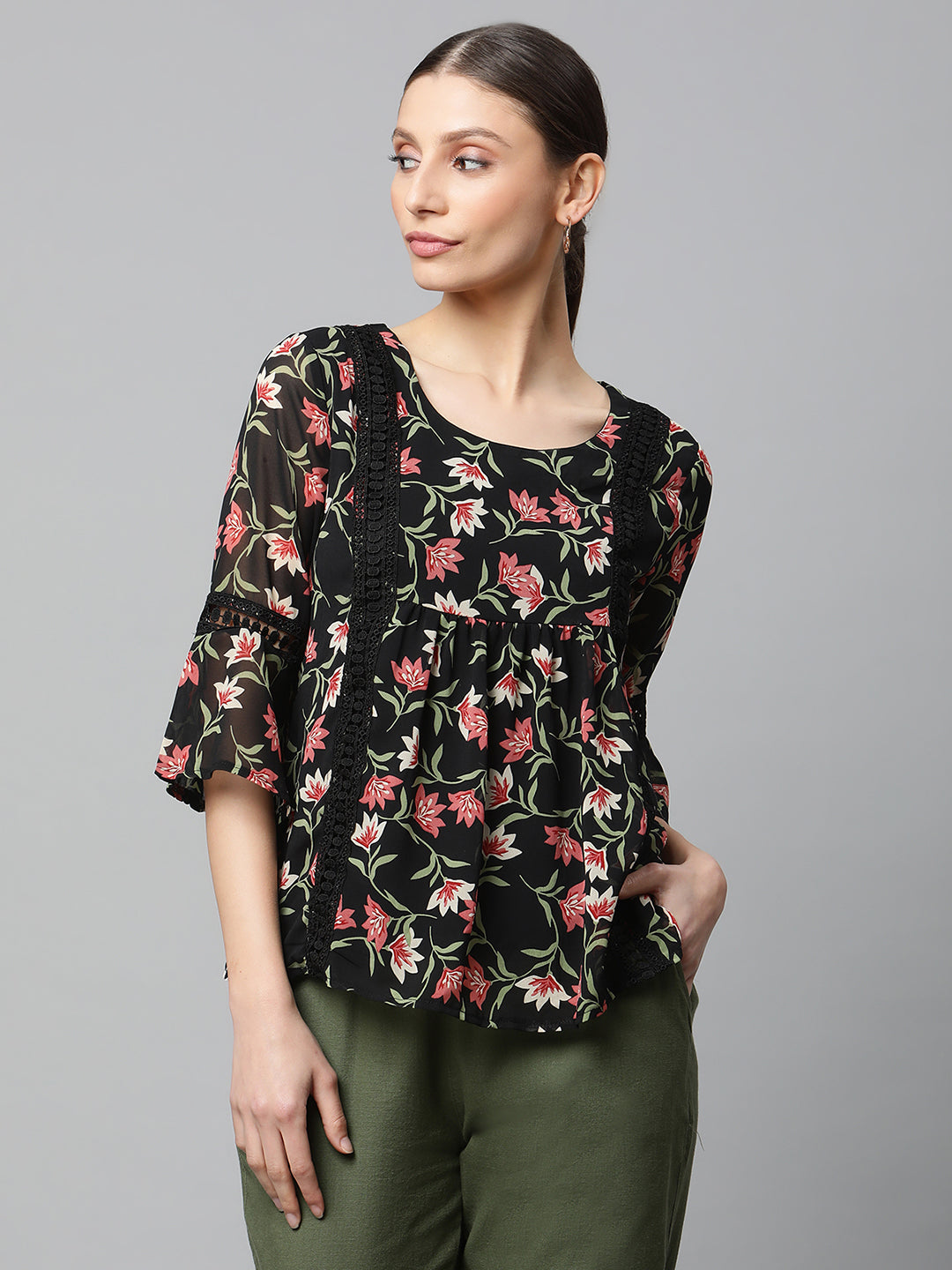 Women Flared Fit Bell Sleeves Black Florals Printed Blouse
