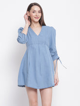 sky blue denim flared dress for women