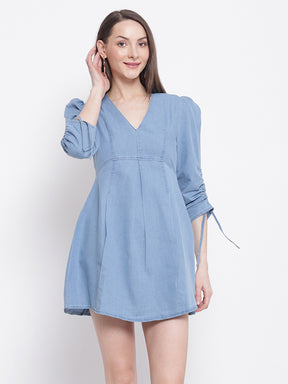 sky blue denim flared dress for women