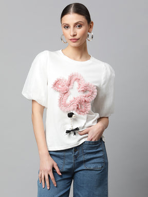 Women Regular Fit White Color Hosiery Applique T-Shirt