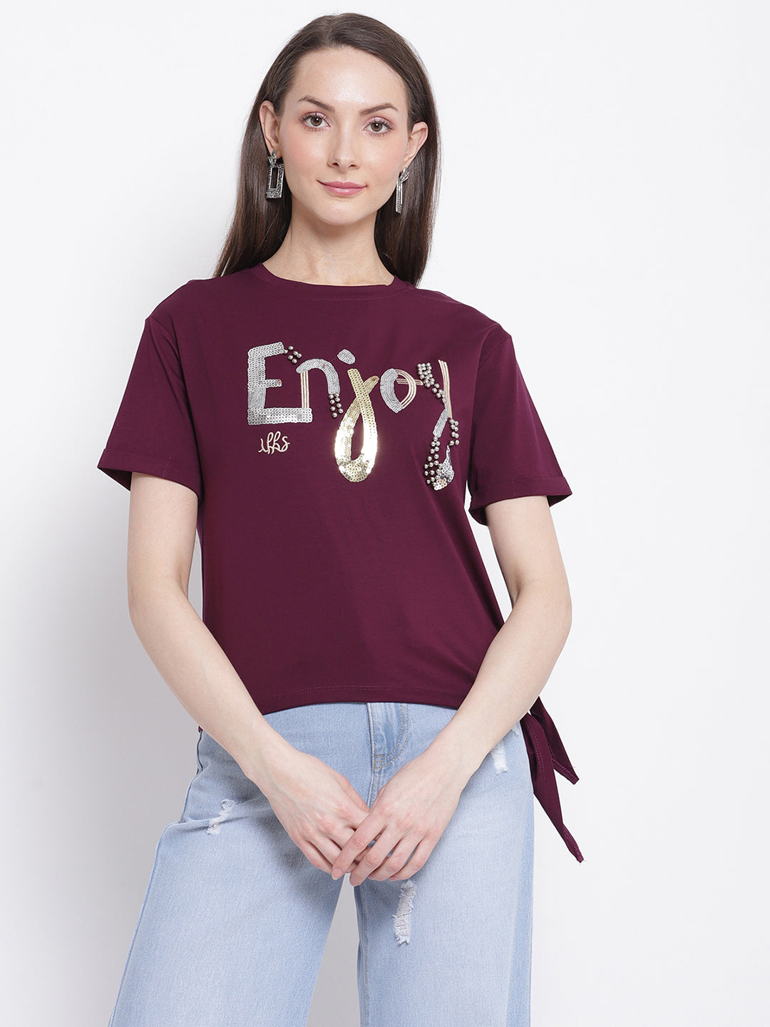 Women Maroon Printed T-Shirt with Knot Details at Hem