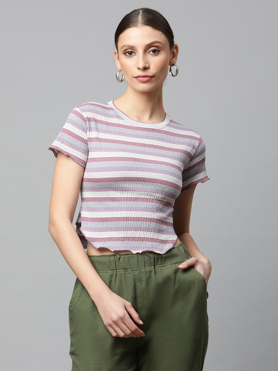 Women Brick Lavender & Multi-Color Horizontal Striped Cropped Top