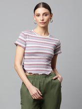 Women Brick Lavender & Multi-Color Horizontal Striped Cropped Top