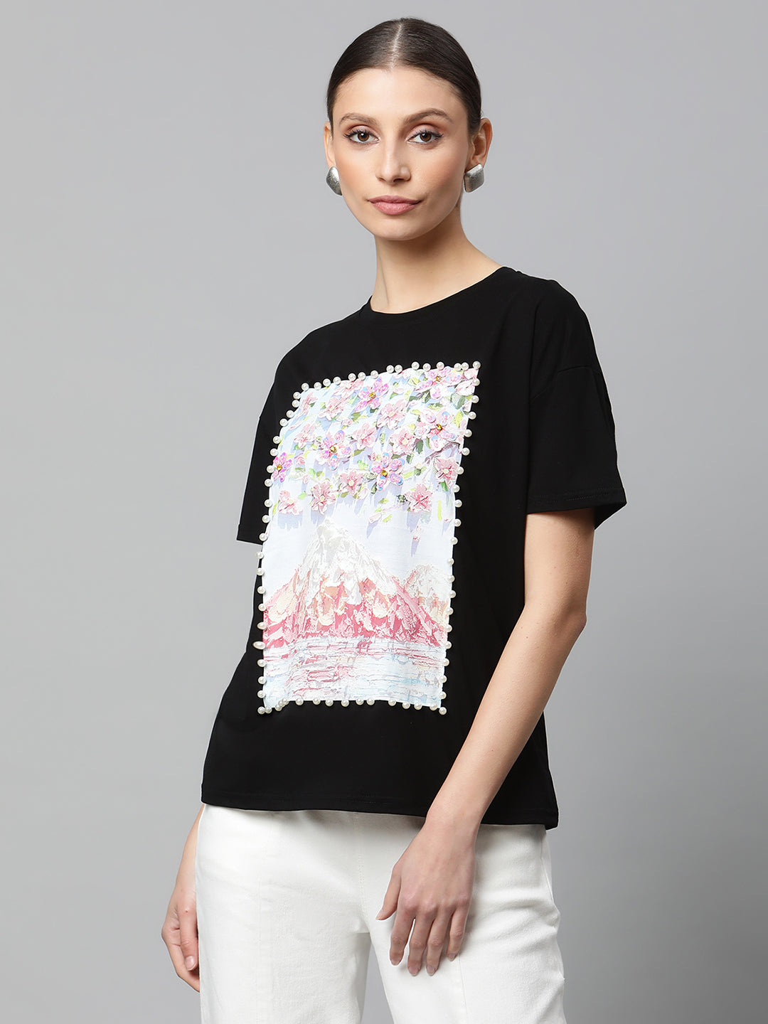 Women Regular Fit Floral Embellished T-Shirt