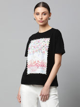 Women Regular Fit Black Floral Embellished T-Shirt