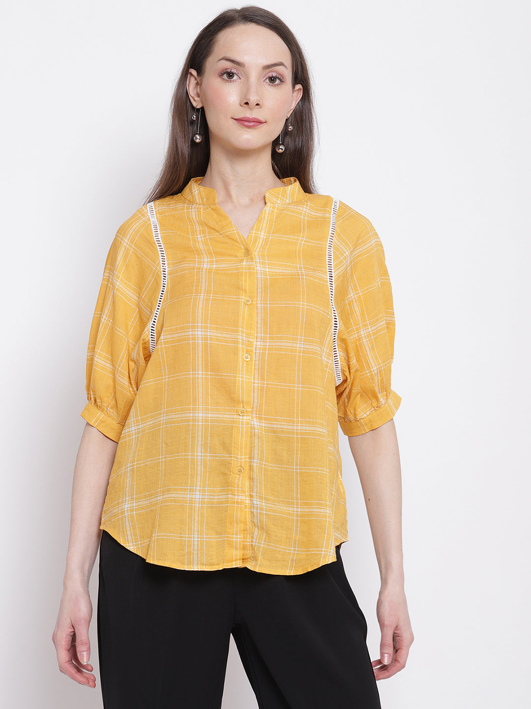 women mango yellow checkty check topshirt