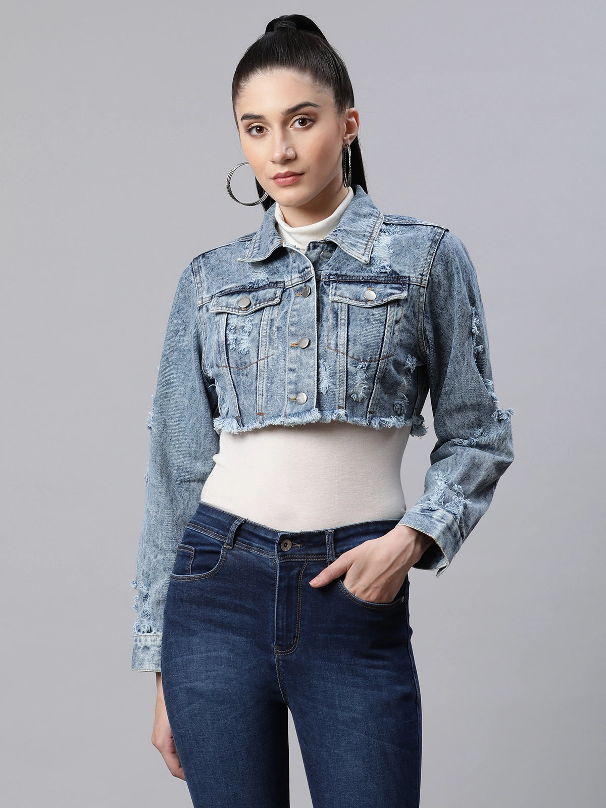 shop online Women Distressed Mid Blue Denim Regular Fit Casual Jacket 