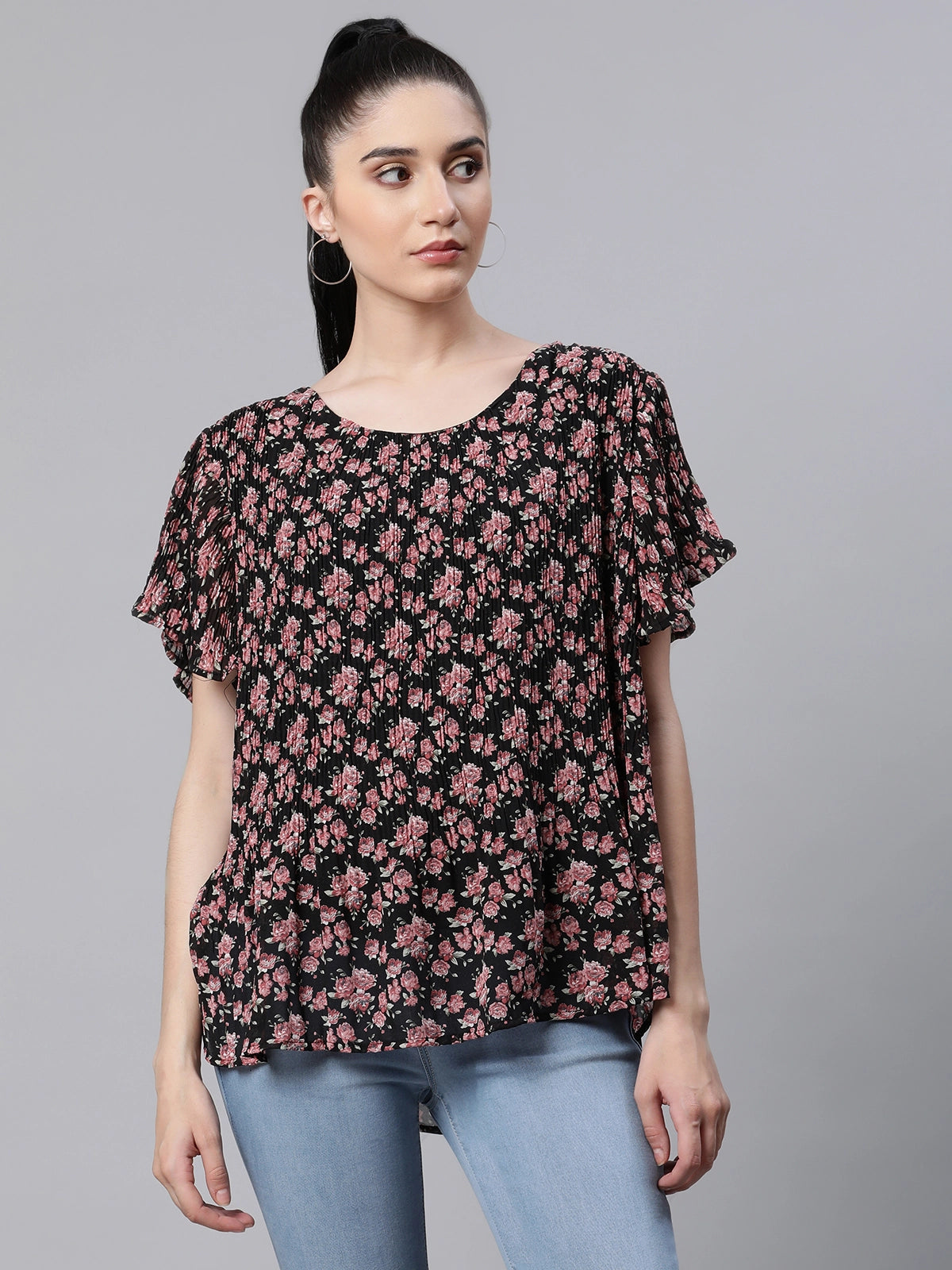 Women Floral Printed Black Loose Fit Party Blouson Top - Global Republic