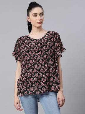 Women Floral Printed Black Loose Fit Party Blouson Top