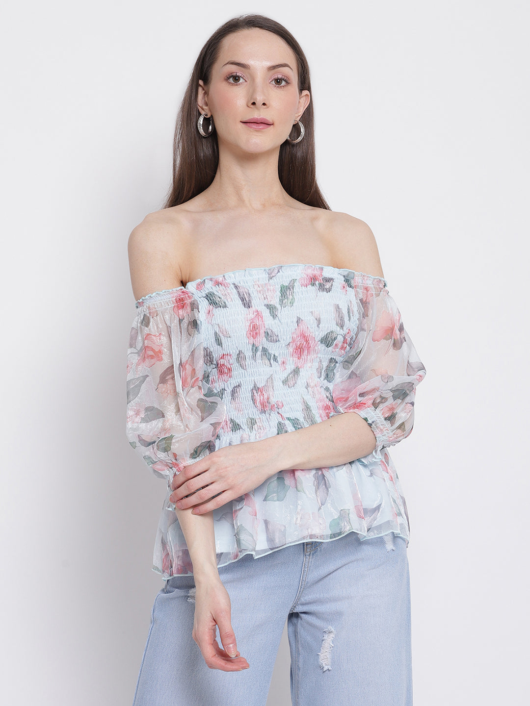 Women Off-Shoulder Blue Floral Print Peplum Top