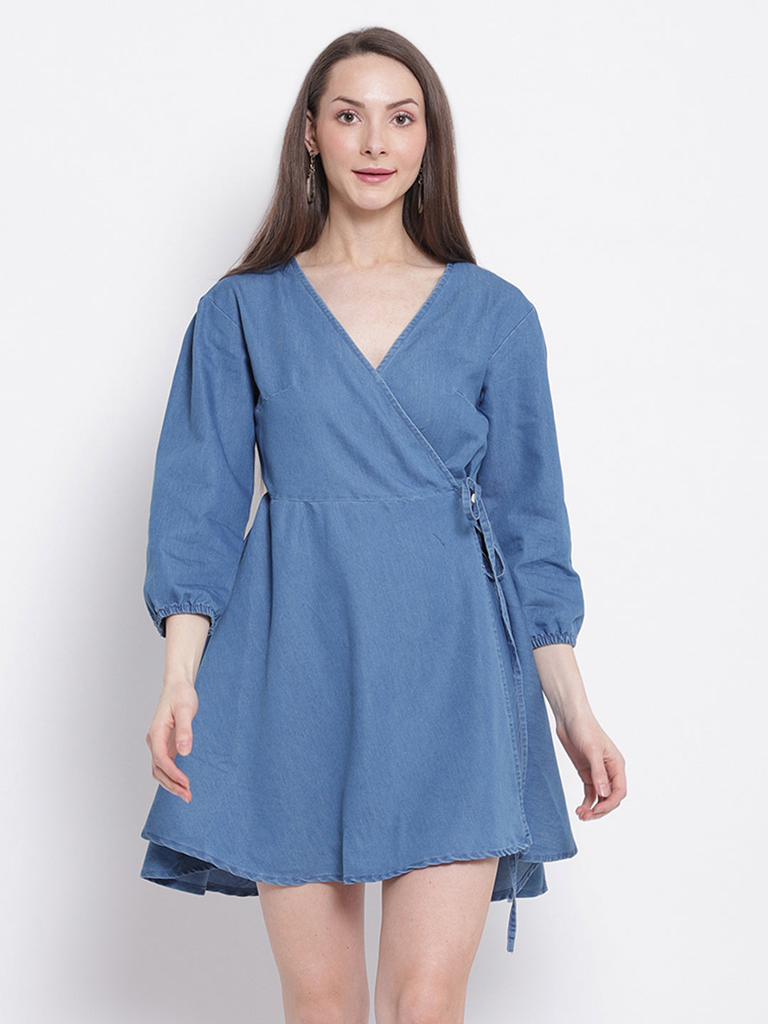 women light blue denim solid denim dress