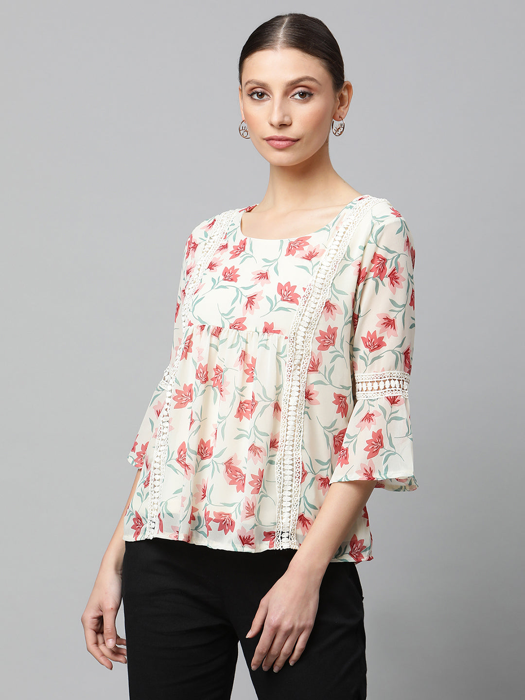 Women Flared Fit Bell Sleeves Florals Printed Blouson Top