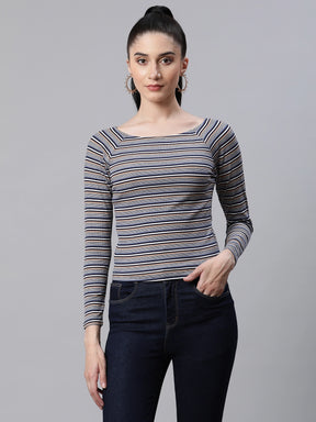 Women Oval Neck Striped Blue Hosiery Slim Fit Casual T-Shirt