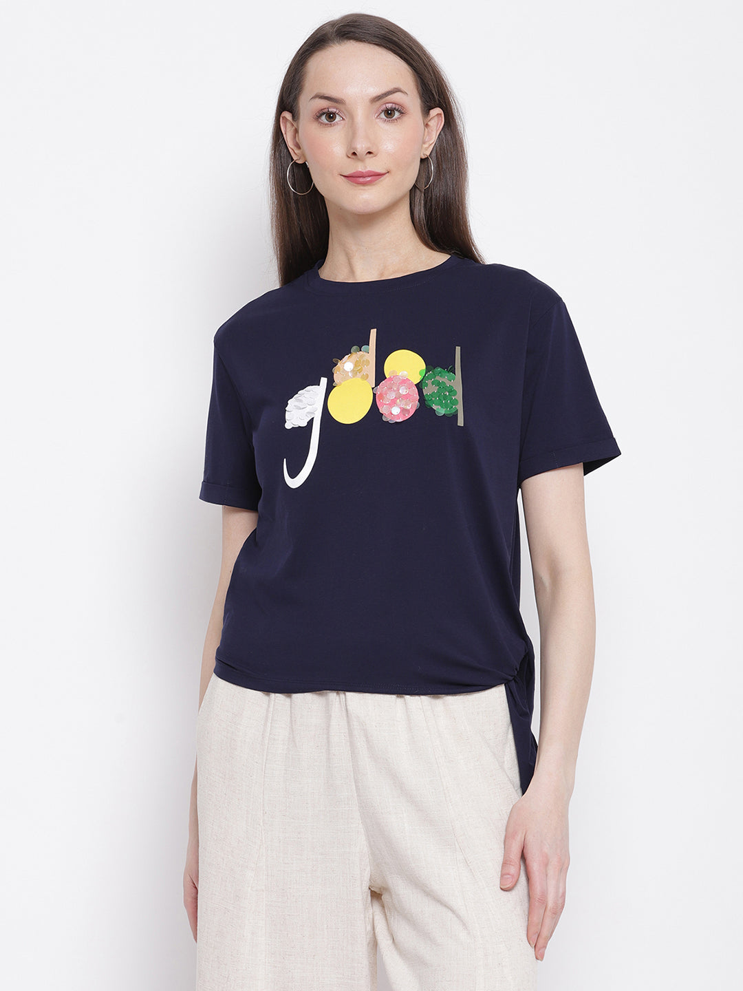 Women Navy Blue Printed Top with Knot Details at Hem