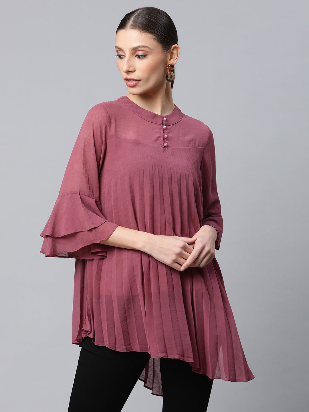 Women Mandarin Collar Flared Fit Asymmetric Hem Top