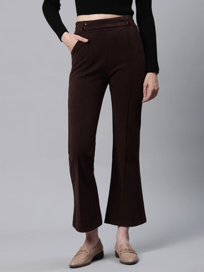 Solid High Rise Brown Flared Trousers