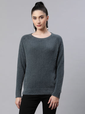 Women Pile knit Grey Woolen  Casual Pullover