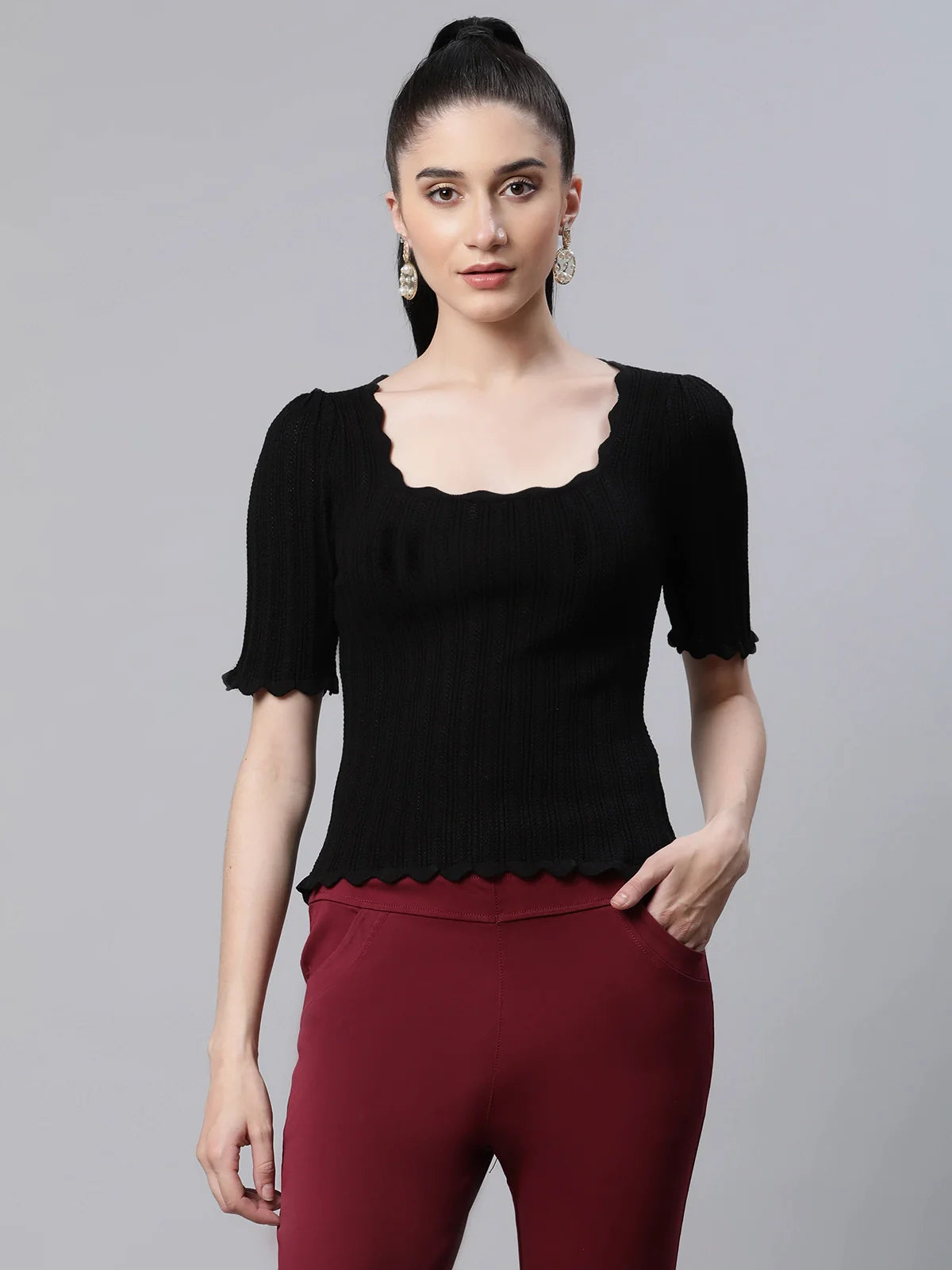 Women Jacquard Viscose Slim Fit Casual Top