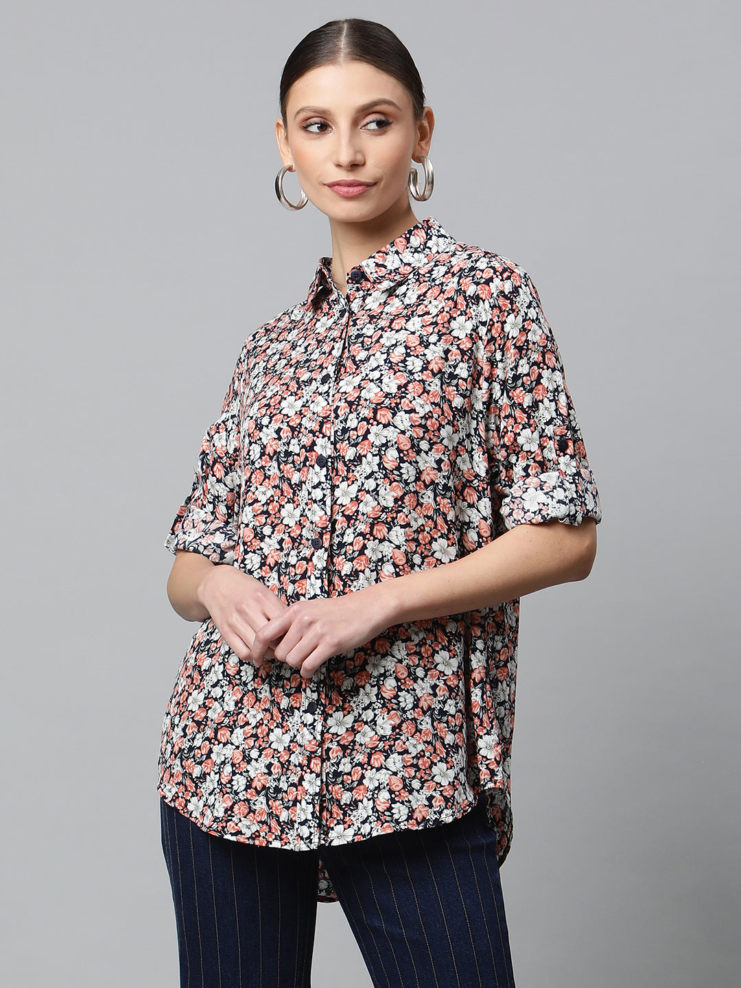 women navy blue multi floral printed shirt