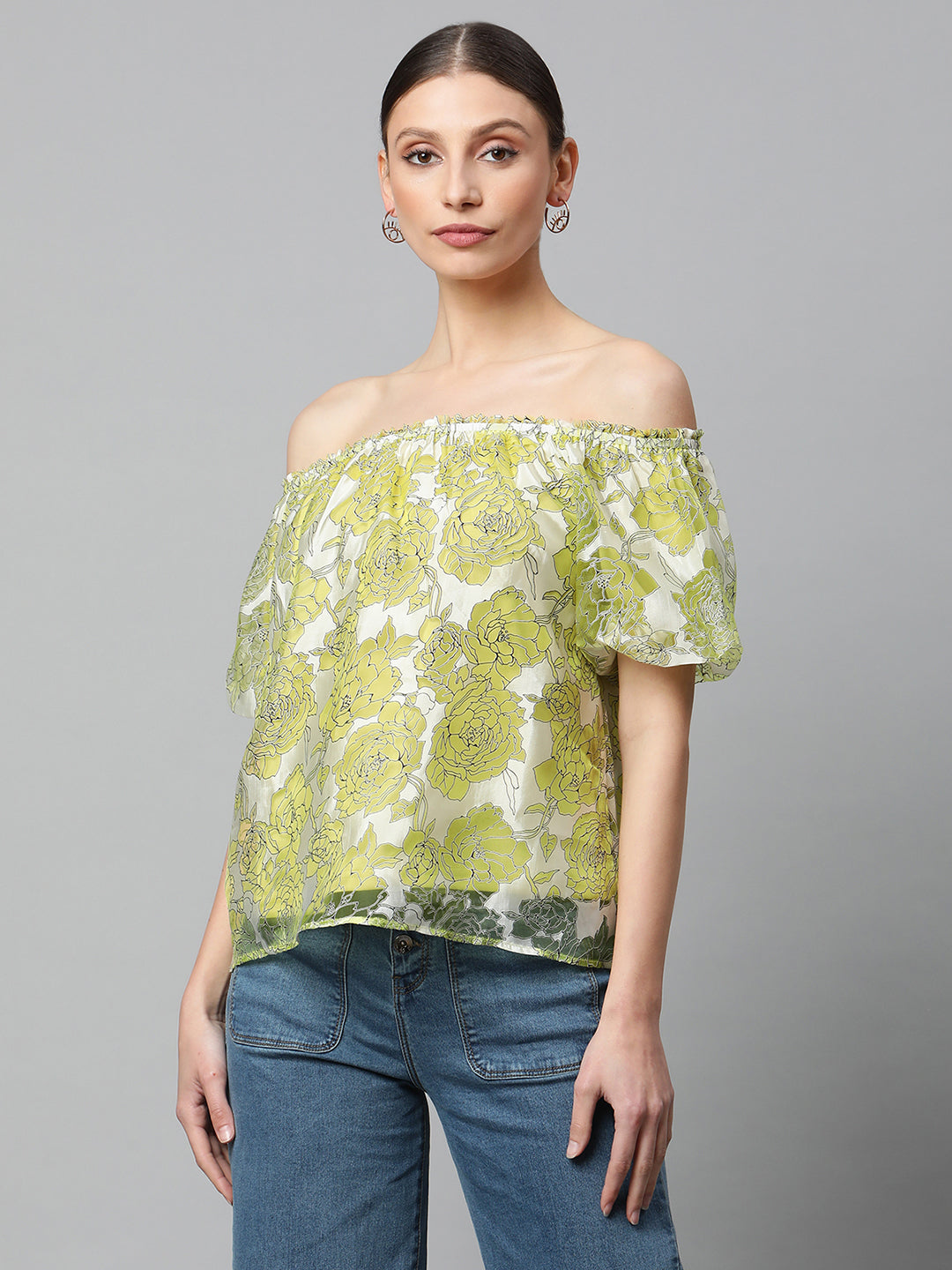 Net Floral Off-Shoulder Printed Top