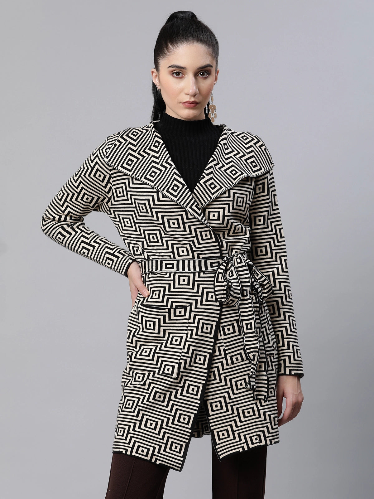women jacquard beige knit regular fit casual coat