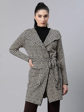 women jacquard beige knit regular fit casual coat