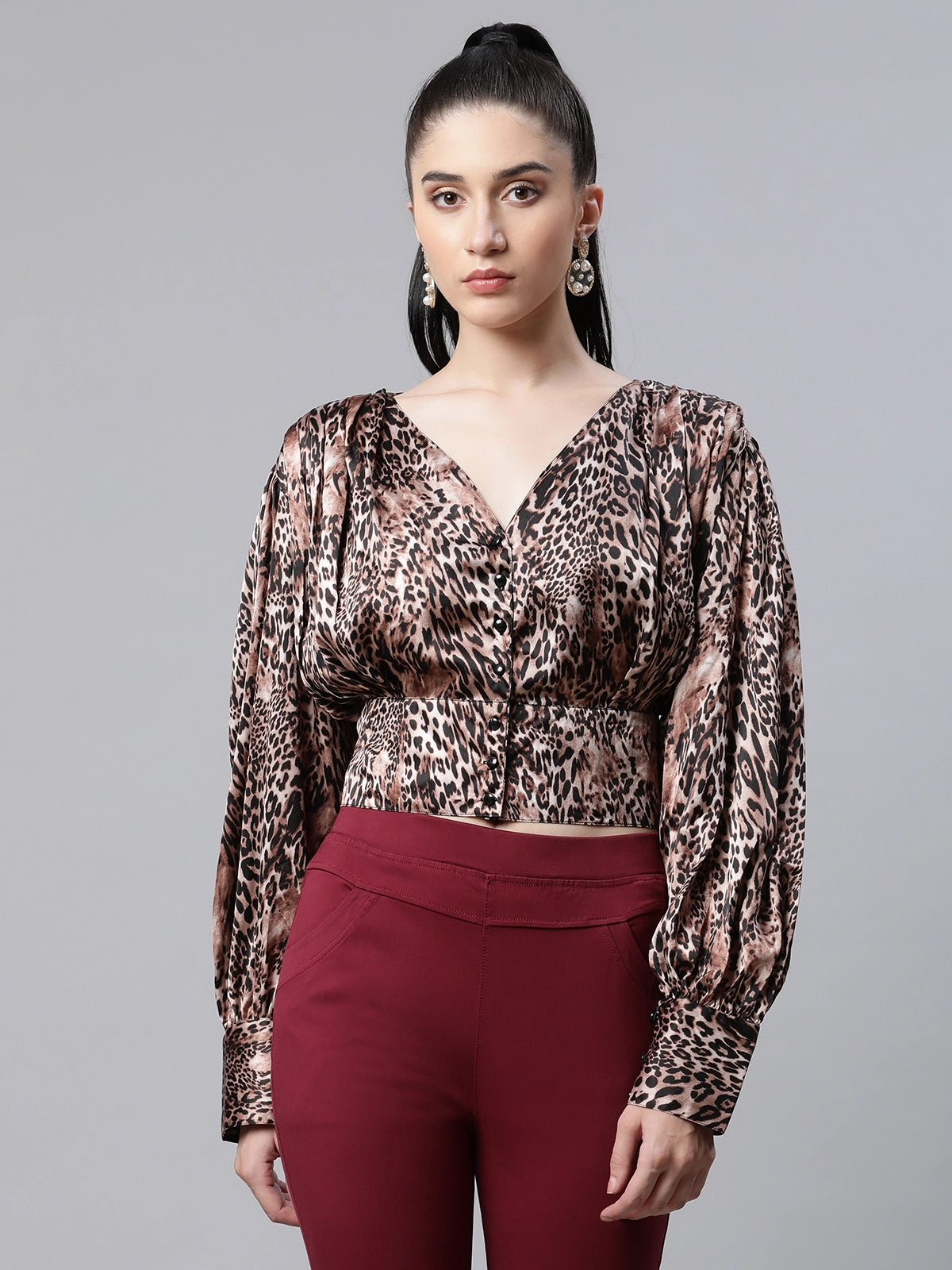 Women Animal Printed Brown Fitted Party Blouson Top - Global Republic